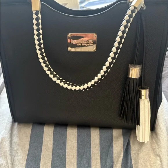 bebe Black and White Tote with Braided Handle - Picture 1 of 4